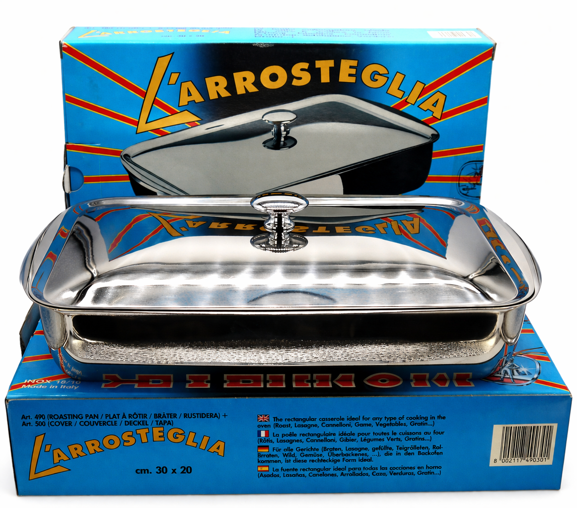 Arrostiera Aeternum (1pz) 30×20 in acciaio inox 18/10 coperchio – Epoca: Fine anni ’90 – primi anni 2000