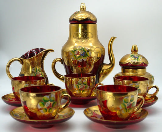 Servizio da caffè Murano Rosso rubino e oro 24K –(Tre Fuochi / Bella Ruby)Epoca:1955/65