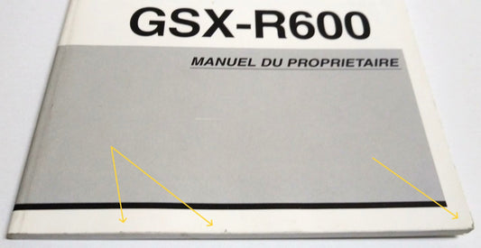 Manuale d'Uso Originale Suzuki GSX-R600 K3 – Manuel du Propriétaire OEM Francese – Epoca: 2003 dettaglio imperfezioni