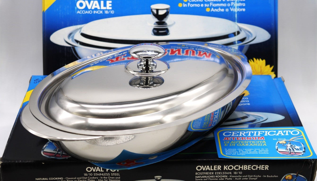 Tegame ovale (1pz) Aeternum acciaio inox 18/10 con coperchio – Epoca: Fine anni ’90 – primi anni 2000