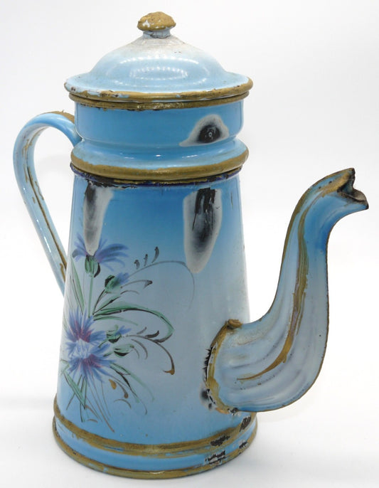 Caffettiera antica latta smaltata azzurra decoro floreale dipinto a mano Franco-Belga 1940-1950 vintage