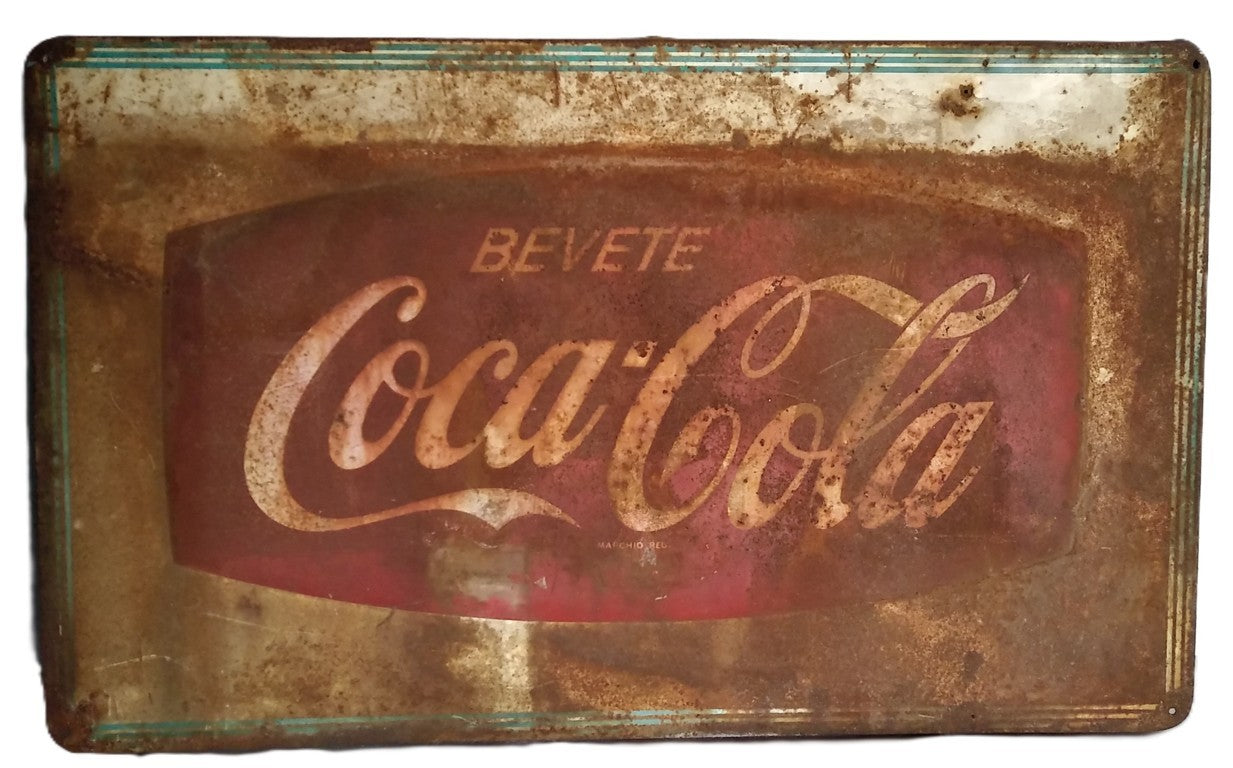 "Bevete Coca Cola"- Insegna pubblicitaria metallica Originale-Epoca: anni 50