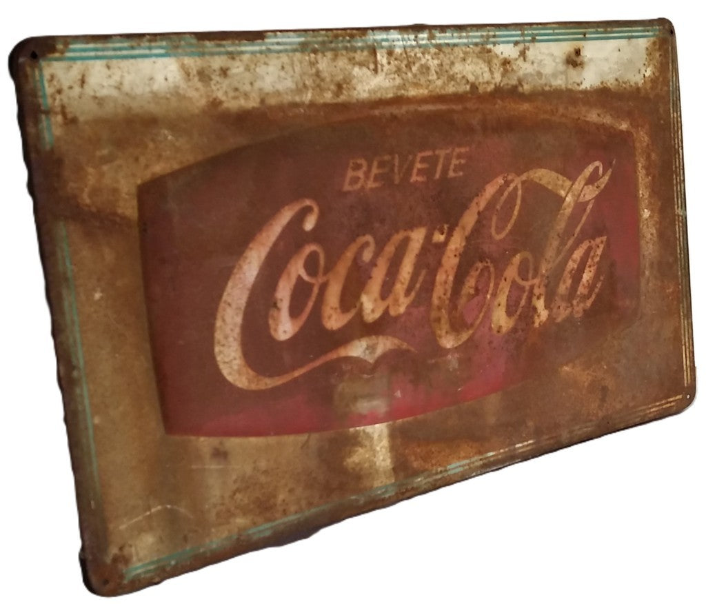 "Bevete Coca Cola"- Insegna pubblicitaria metallica Originale-Epoca: anni 50