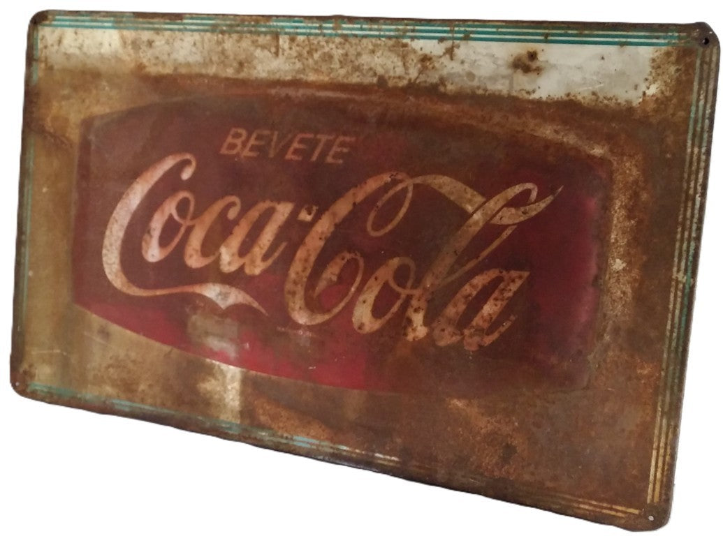 "Bevete Coca Cola"- Insegna pubblicitaria metallica Originale-Epoca: anni 50