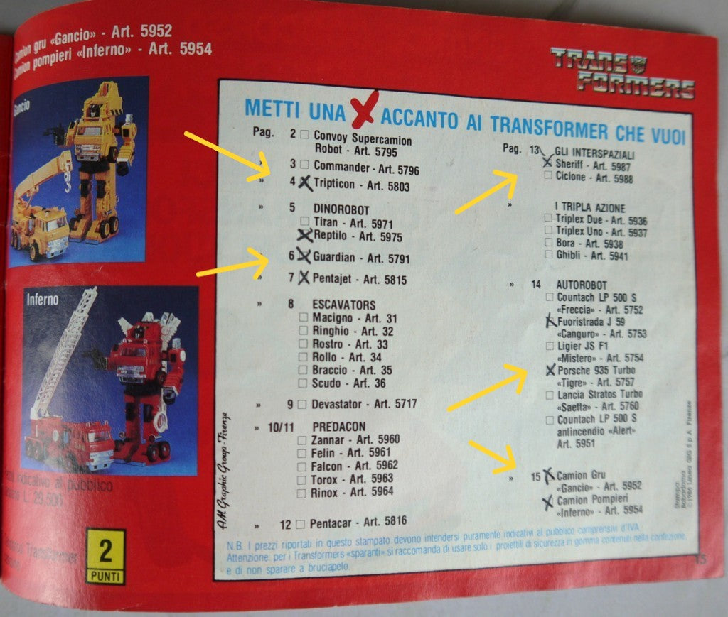 Brochure Transformers Giochiamo a Trasformer  1985 dettaglio scritte a penna