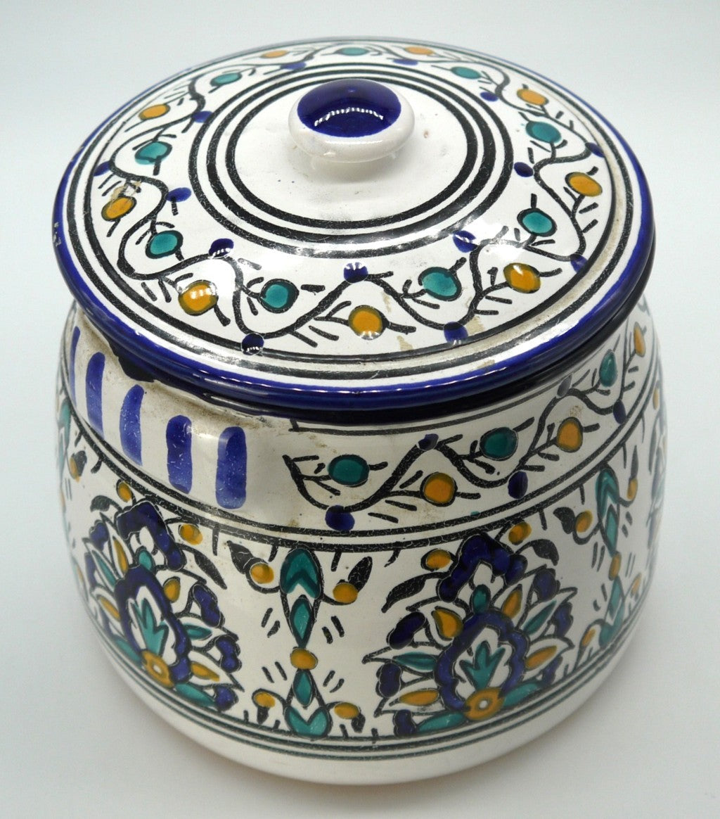 Barattolo Tunisino in Ceramica – Artigianato di Nabeul  –decorato a mano- Motivi Berberi-Epoca: 1970