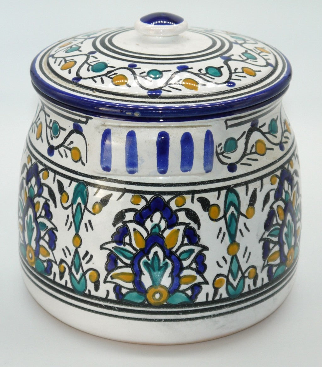 Barattolo Tunisino in Ceramica – Artigianato di Nabeul  –decorato a mano- Motivi Berberi-Epoca: 1970