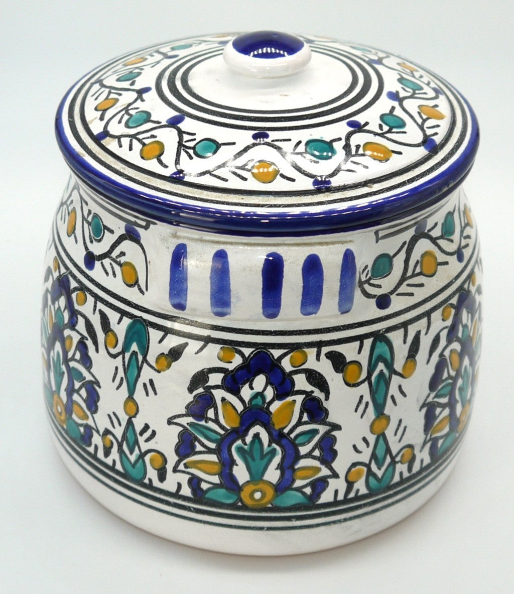 Barattolo Tunisino in Ceramica – Artigianato di Nabeul  –decorato a mano- Motivi Berberi-Epoca: 1970