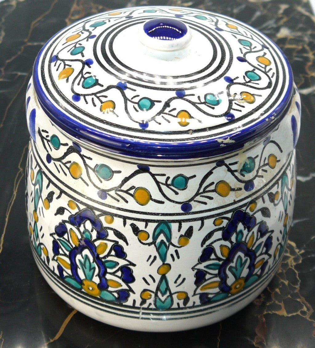 Barattolo Tunisino in Ceramica – Artigianato di Nabeul (Anni 1970) – Dipinto a Mano – Motivi Berberi