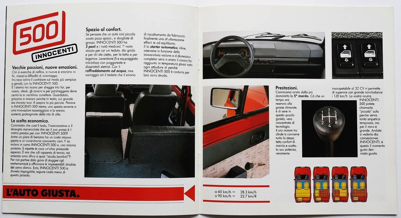 Innocenti 500 “L’Auto Giusta” brochure aperta