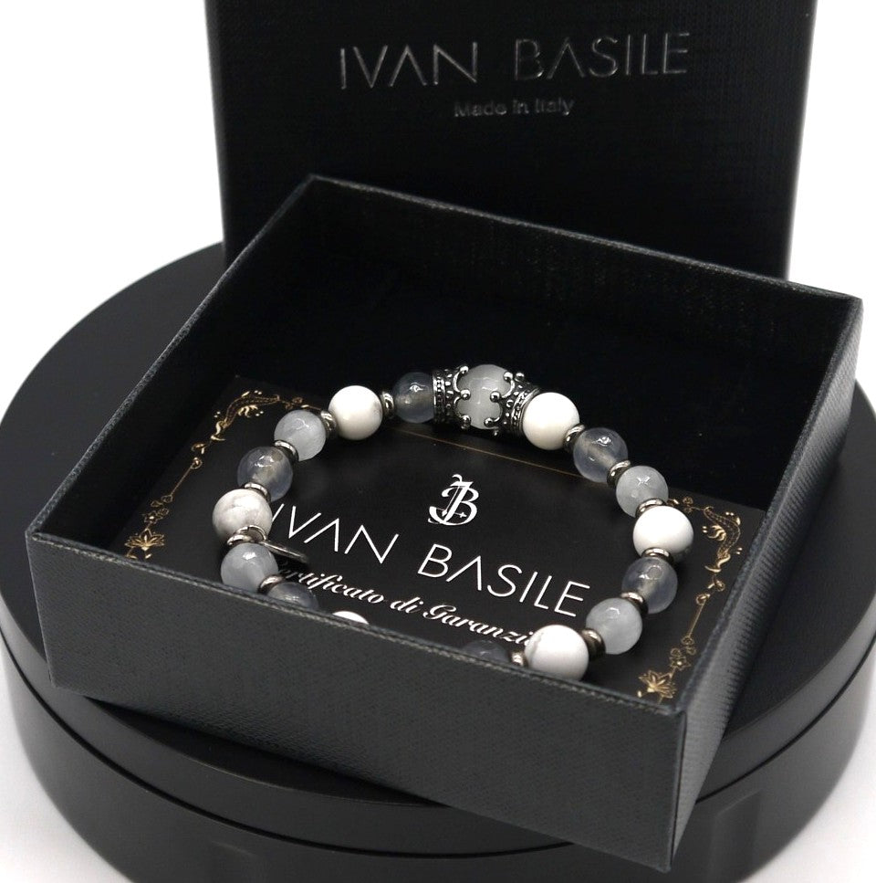 Bracelet Ivan Basile en pierre naturelle - Blanc/Gris - Taille XS