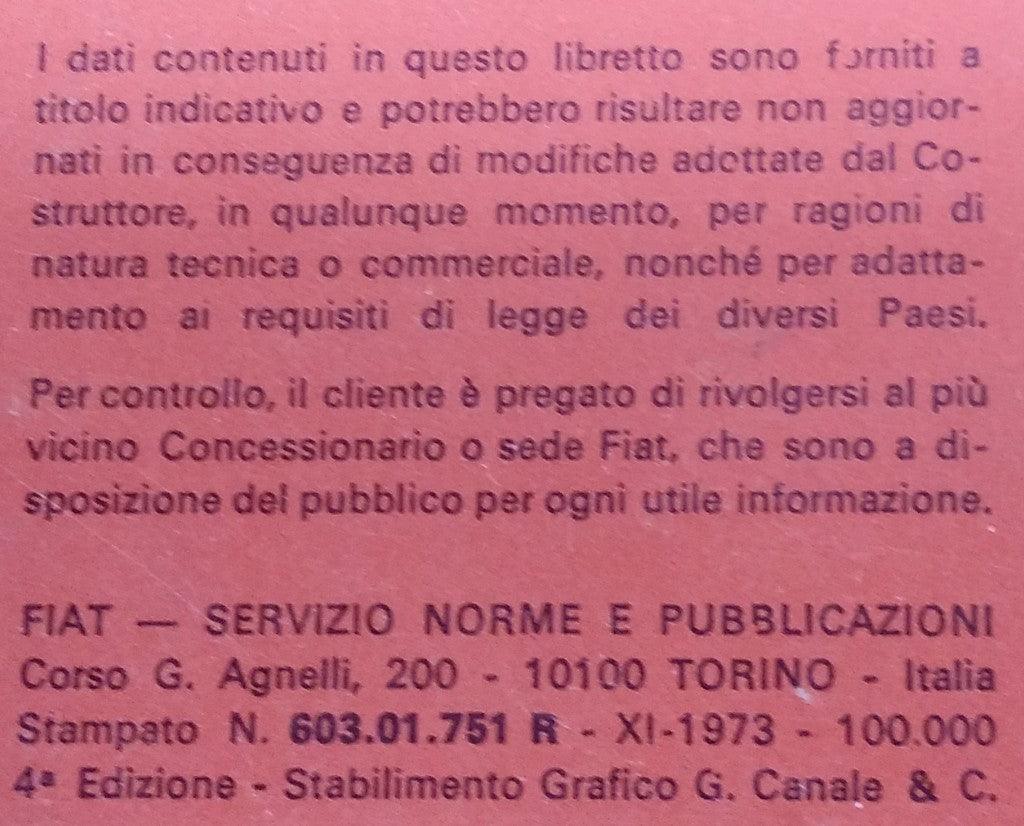 Manuel du propriétaire d'origine Fiat 126 - Période : 1973