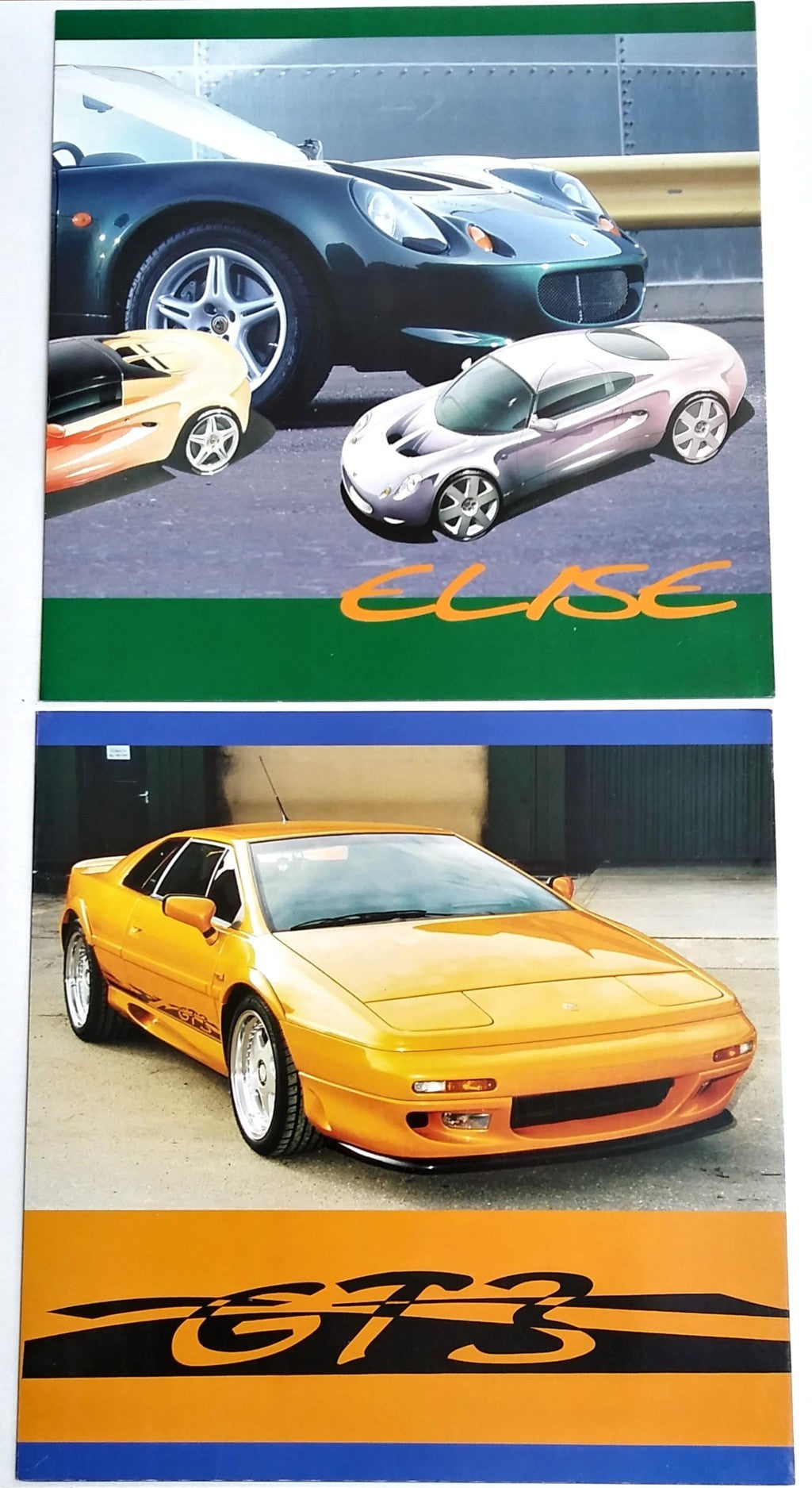 Set 2 Brochure Originali LOTUS ELISE & LOTUS GT3 - Salone Auto Torino - Epoca:1998