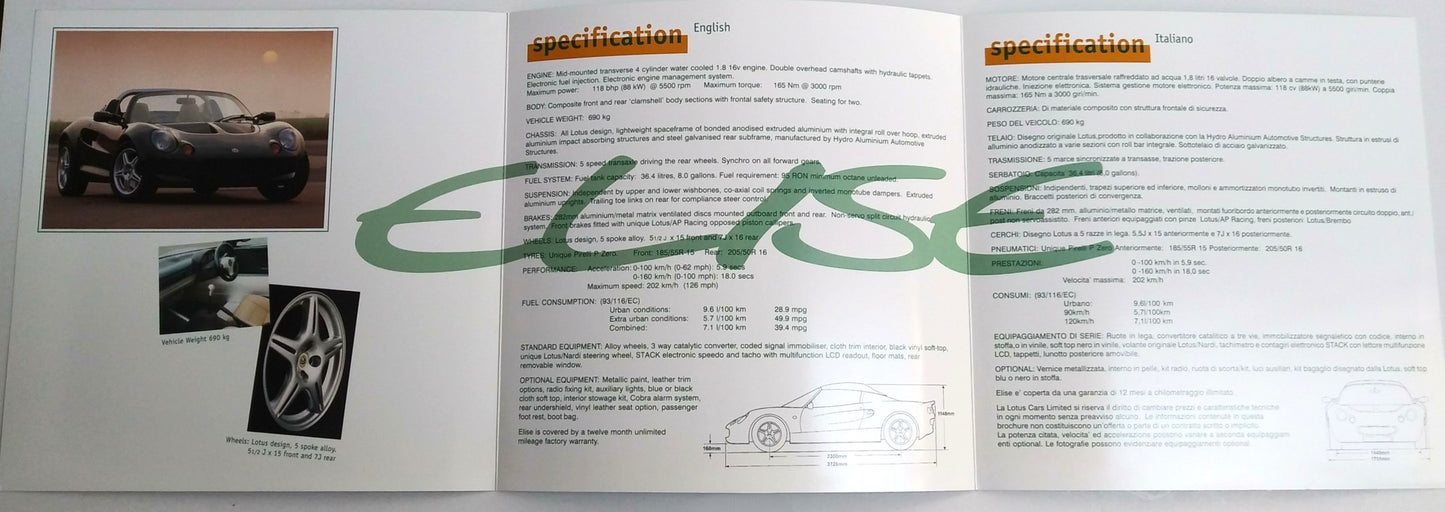Set Lotus: Elise  (1998) dettaglio pagine interne dati tecnici