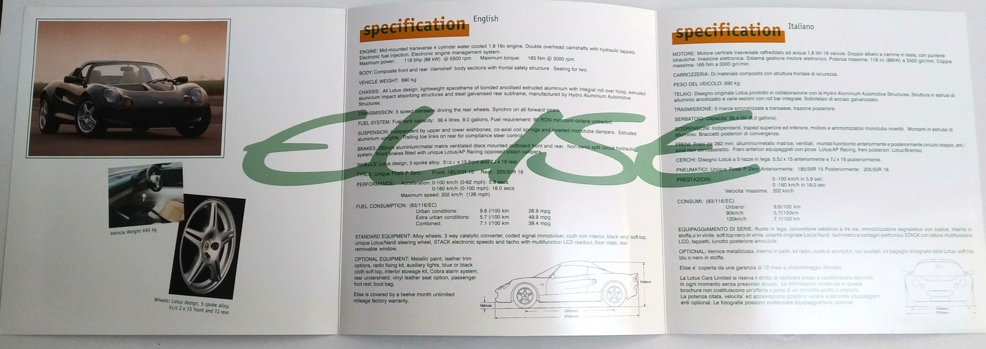 Set Lotus: Elise  (1998) dettaglio pagine interne dati tecnici
