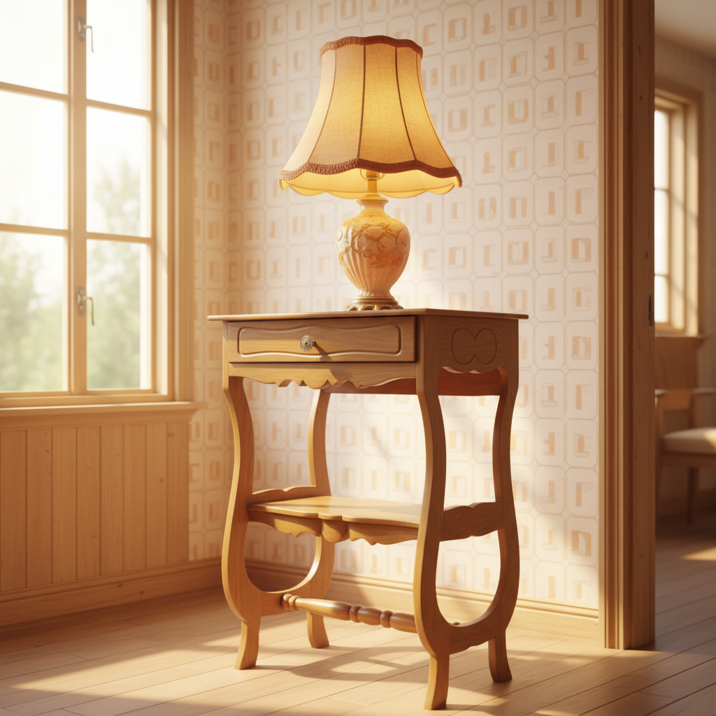 tavolino rustico anni 70 ambientato comodino vintage arredamento