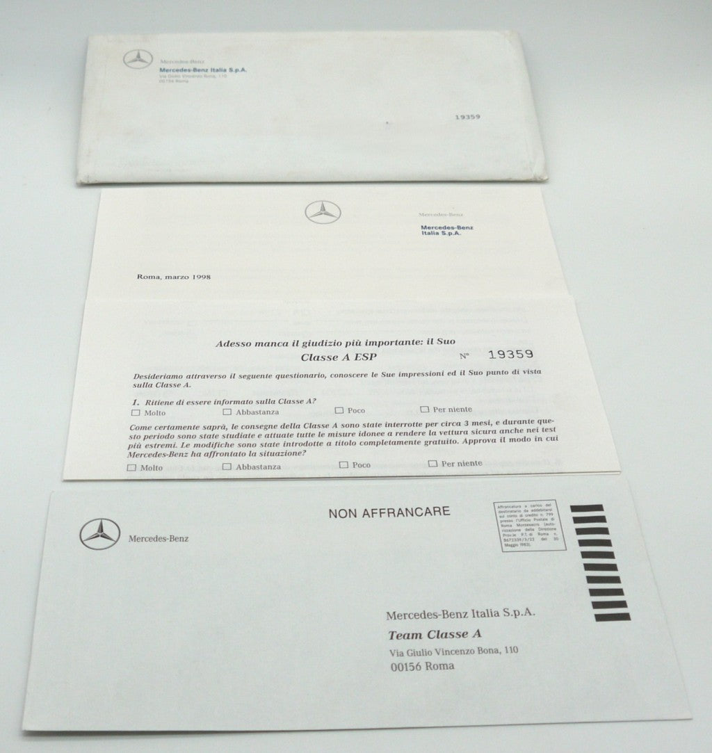 Documentazione Ufficiale Mercedes  Classe A W168 1998 dettagliolettere originali Mercedes Benz
