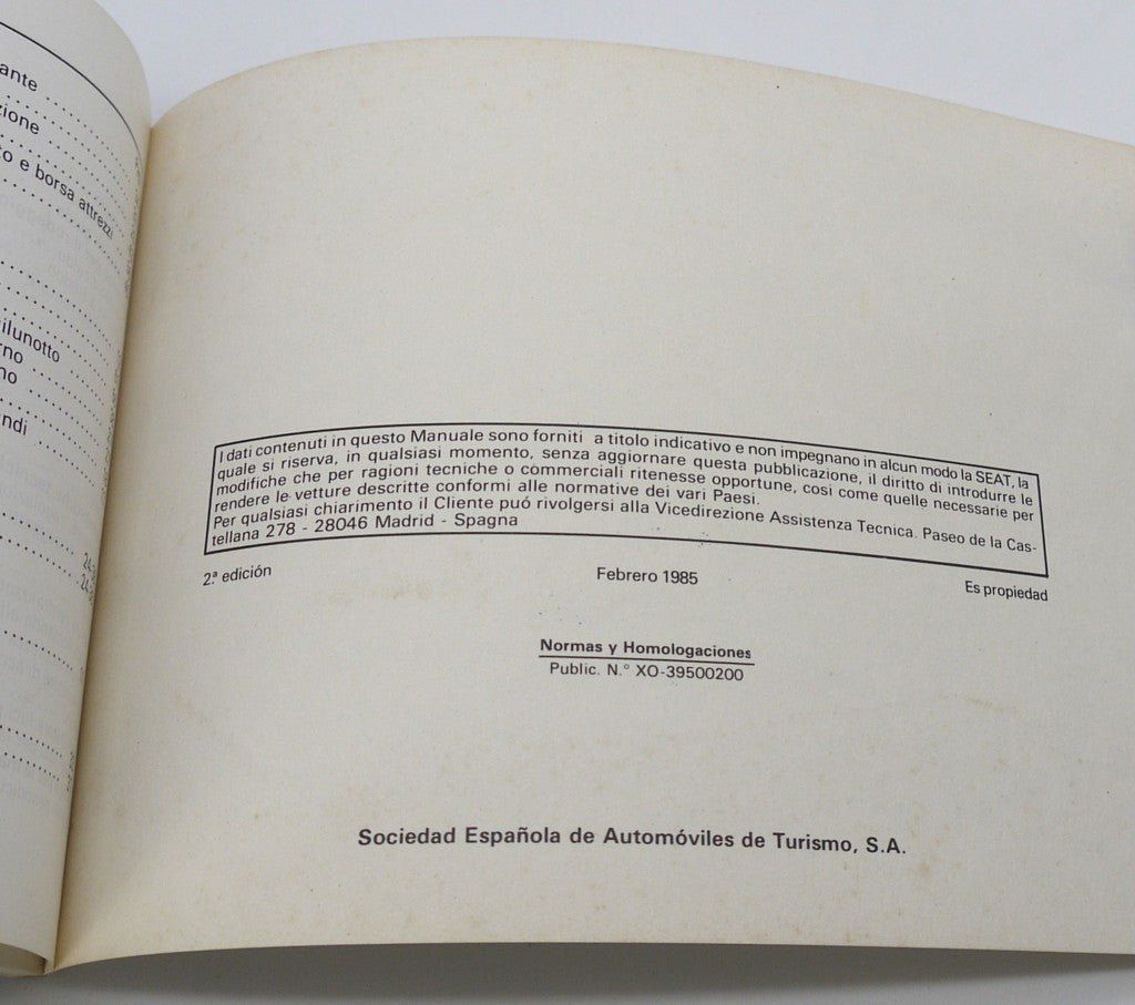Manuel du propriétaire d'origine Seat Ibiza 1.2L/GL/GLX/1.5 GLX - Période : 1985