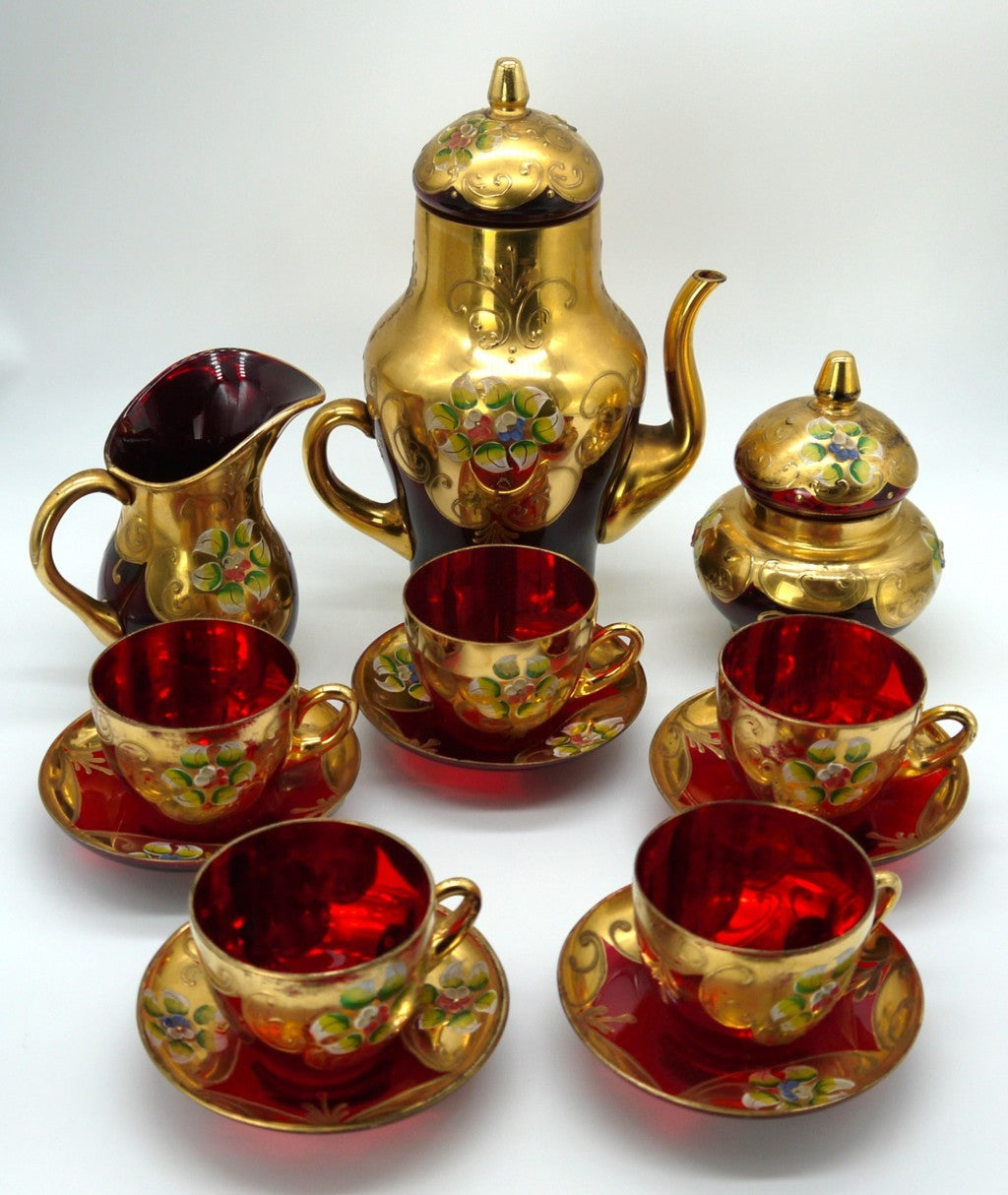 Servizio da caffè Murano Rosso rubino e oro 24K –13 pezzi (Tre Fuochi / Bella Ruby)