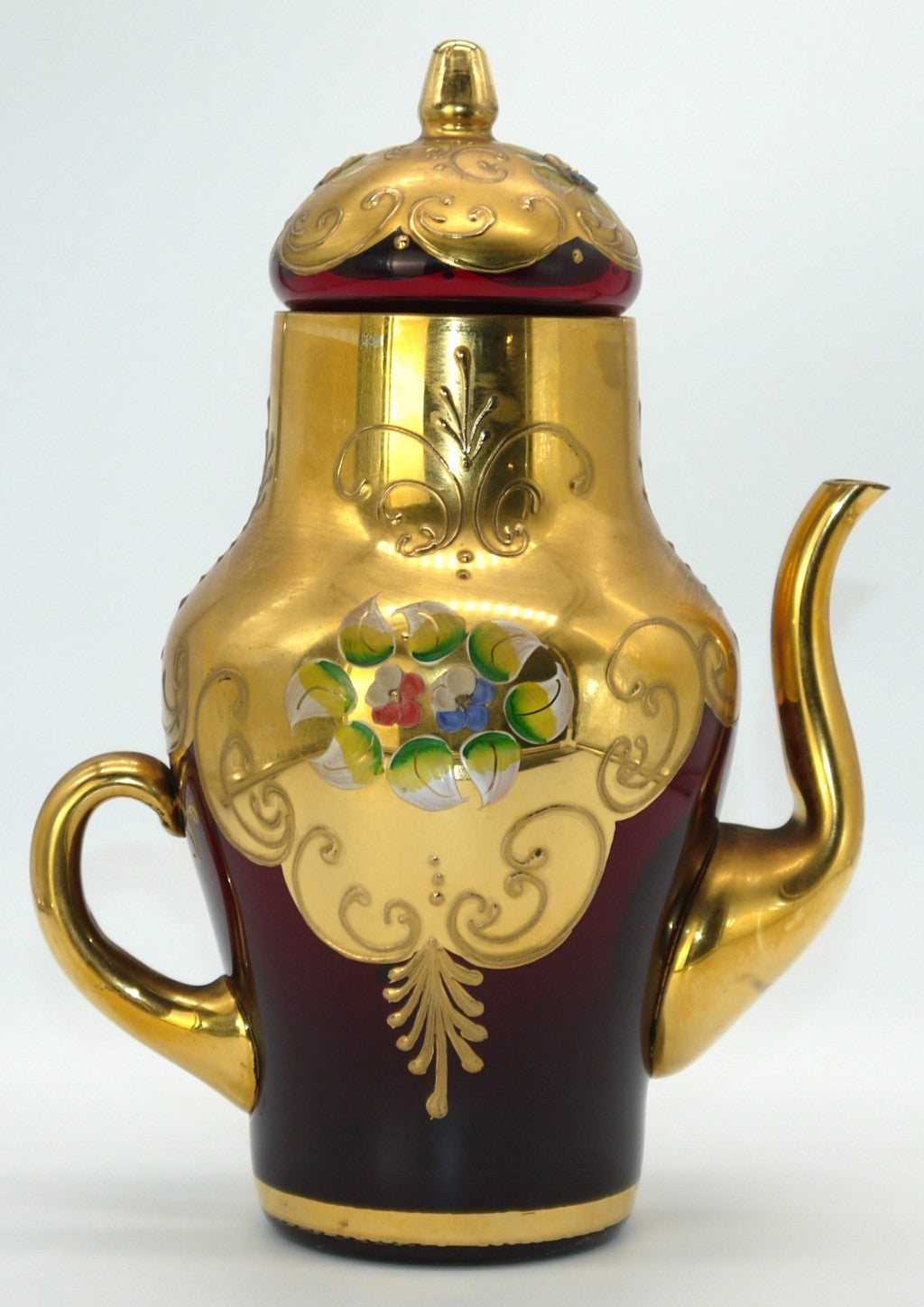 Servizio da caffè Murano Rosso rubino e oro 24K –13 pezzi (Tre Fuochi / Bella Ruby) caffettiera