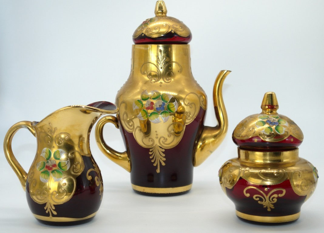 Servizio da caffè Murano Rosso rubino e oro 24K –(Tre Fuochi / Bella Ruby)Epoca:1955/65