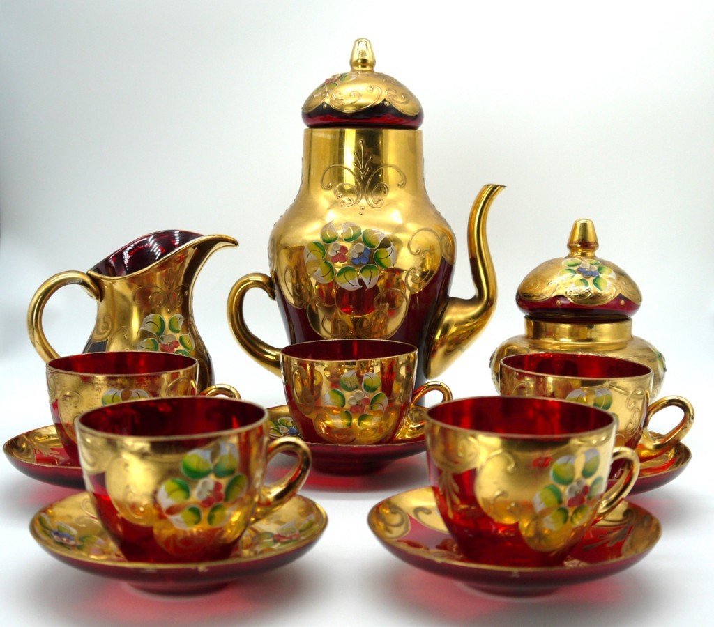 Servizio da caffè Murano Rosso rubino e oro 24K –(Tre Fuochi / Bella Ruby)Epoca:1955/65