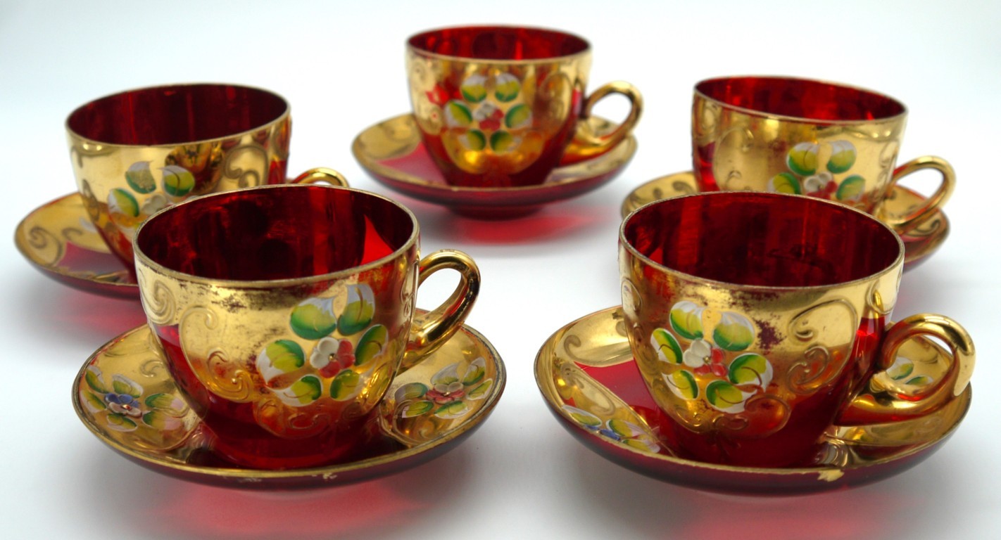 Servizio da caffè Murano Rosso rubino e oro 24K –(Tre Fuochi / Bella Ruby)Epoca:1955/65