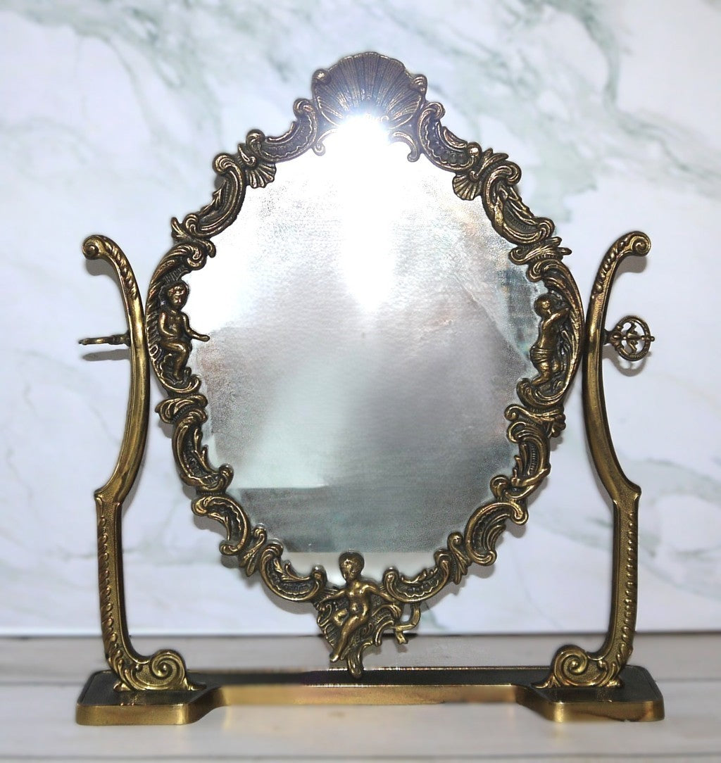 Miroir de table inclinable, style Art nouveau, en laiton - Époque : 1950