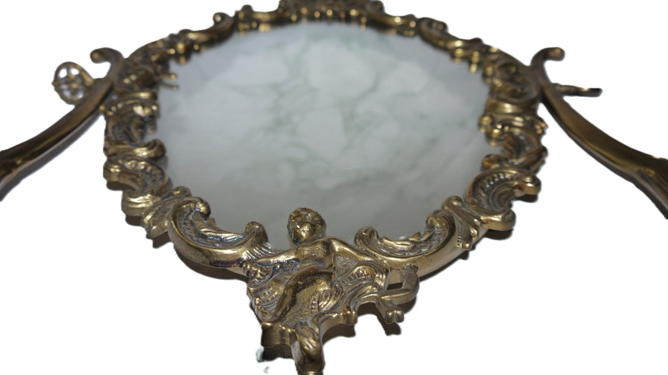 Specchio da tavolo basculante, stile Liberty in ottone-dettaglio lavorazioni