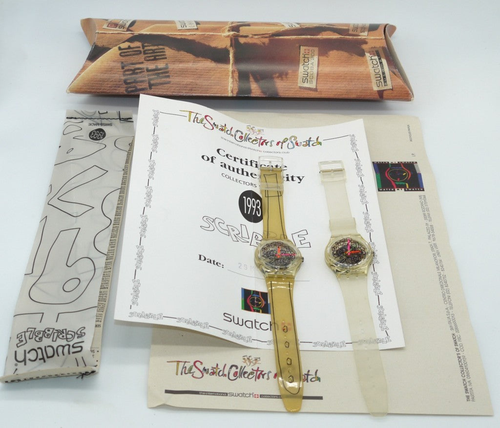 Swatch "Scribble" (GZ127S) 1993 – (2 Orologi)--dettaglio contenuto confezione