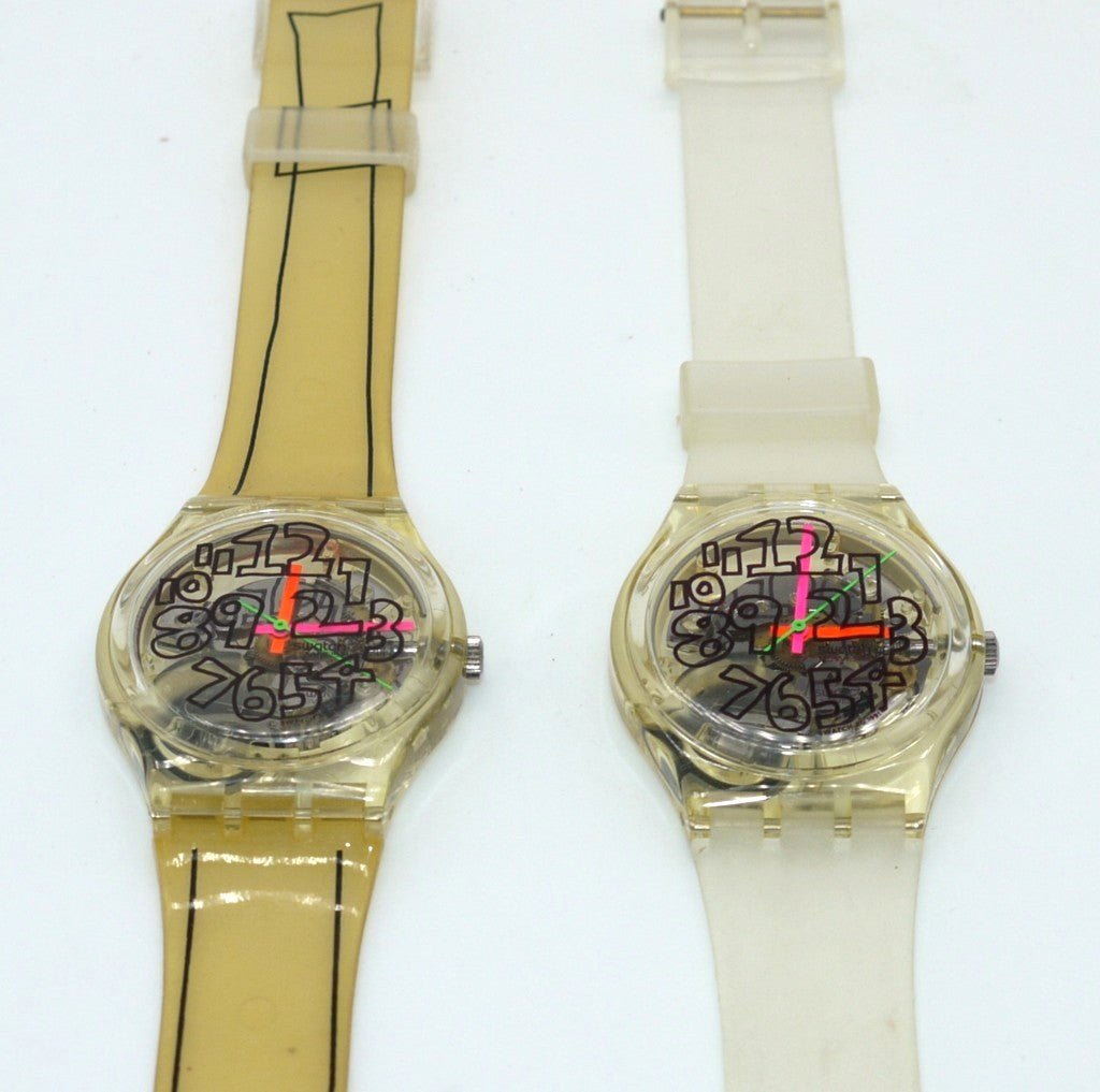 Swatch "Scribble" (GZ127S) 1993 – (2 Orologi)-dettaglio quadranti