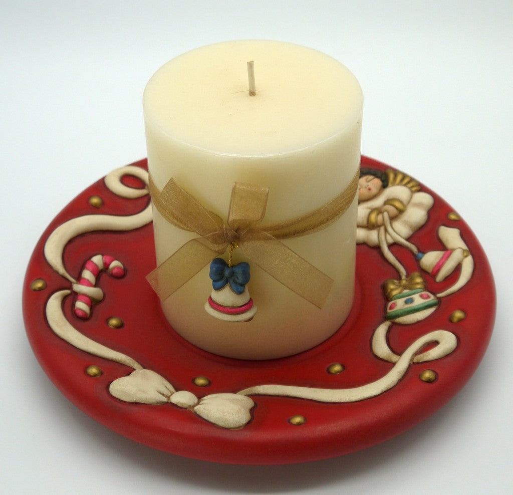 Thun piatto porta candela in ceramica con candela colore rosso