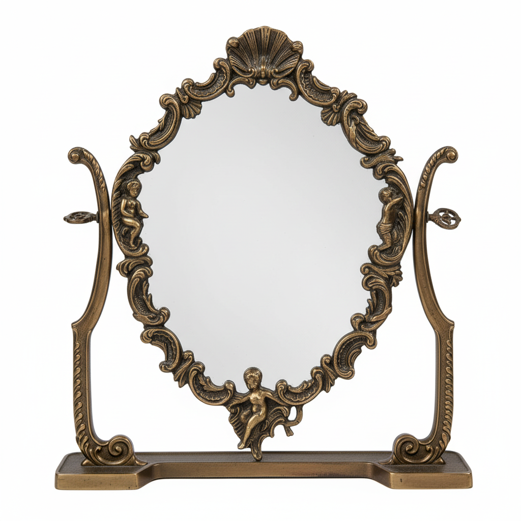 Specchio da tavolo basculante, stile Liberty in ottone-dettaglio frontale