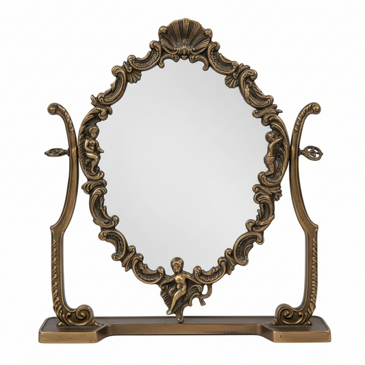 Specchio da tavolo basculante, stile Liberty in ottone-dettaglio frontale