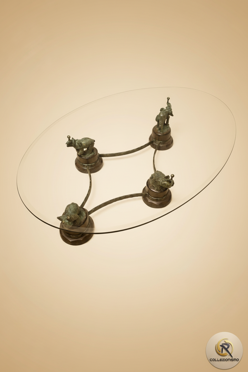 Tavolino con Elefanti colati in Bronzo a Cera Persa e Cristallo Molato – Paolo Colombo-dettaglio base elefanti